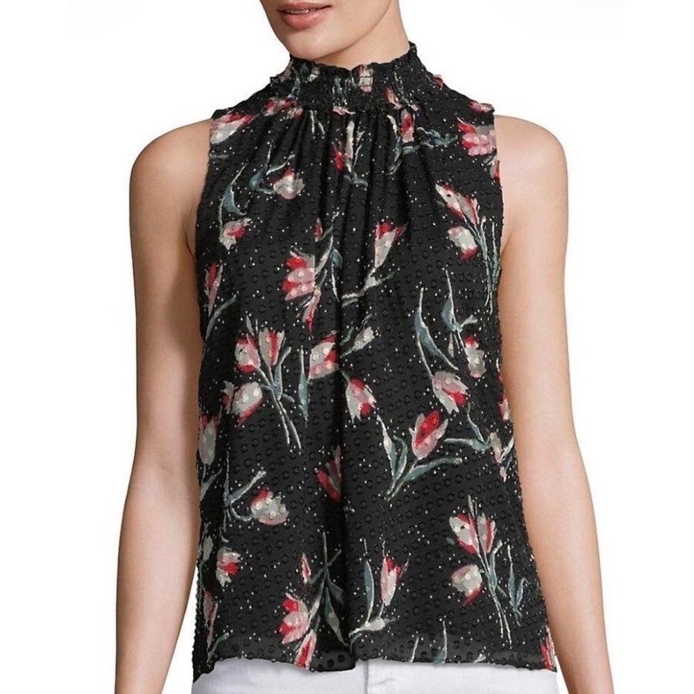 Rebecca Taylor Black Floral Sleeveless Ruffled Neck Blouse